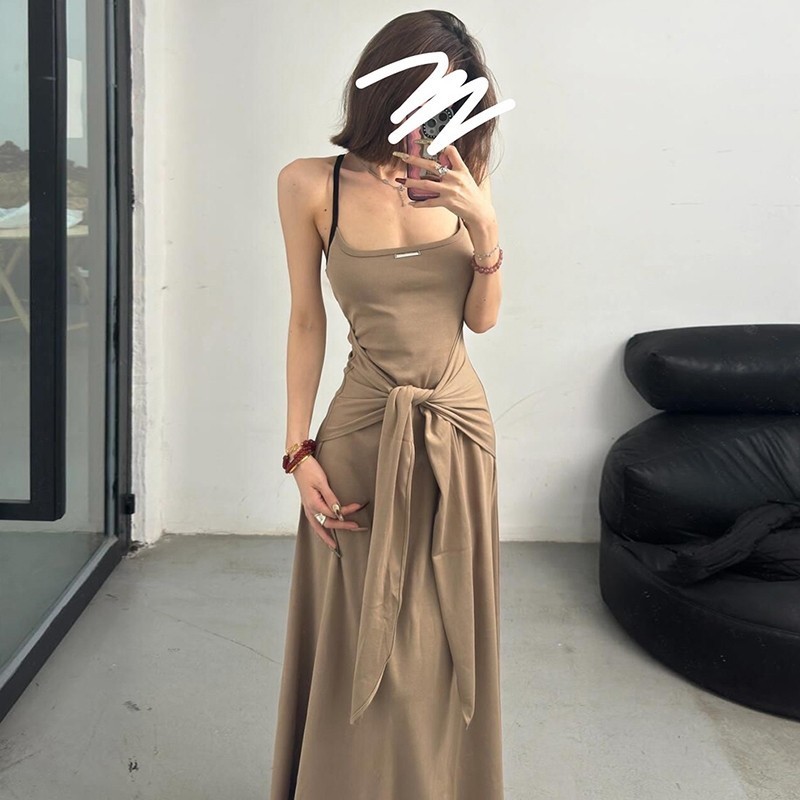 Kliou Casual Maxi ชุดเดรสสลิง U คอปกแขน Backless Frenulum Ruched Skinny อเนกประสงค์บรรยากาศสไตล์แฟชั่น 2024 ร้อนใหม่