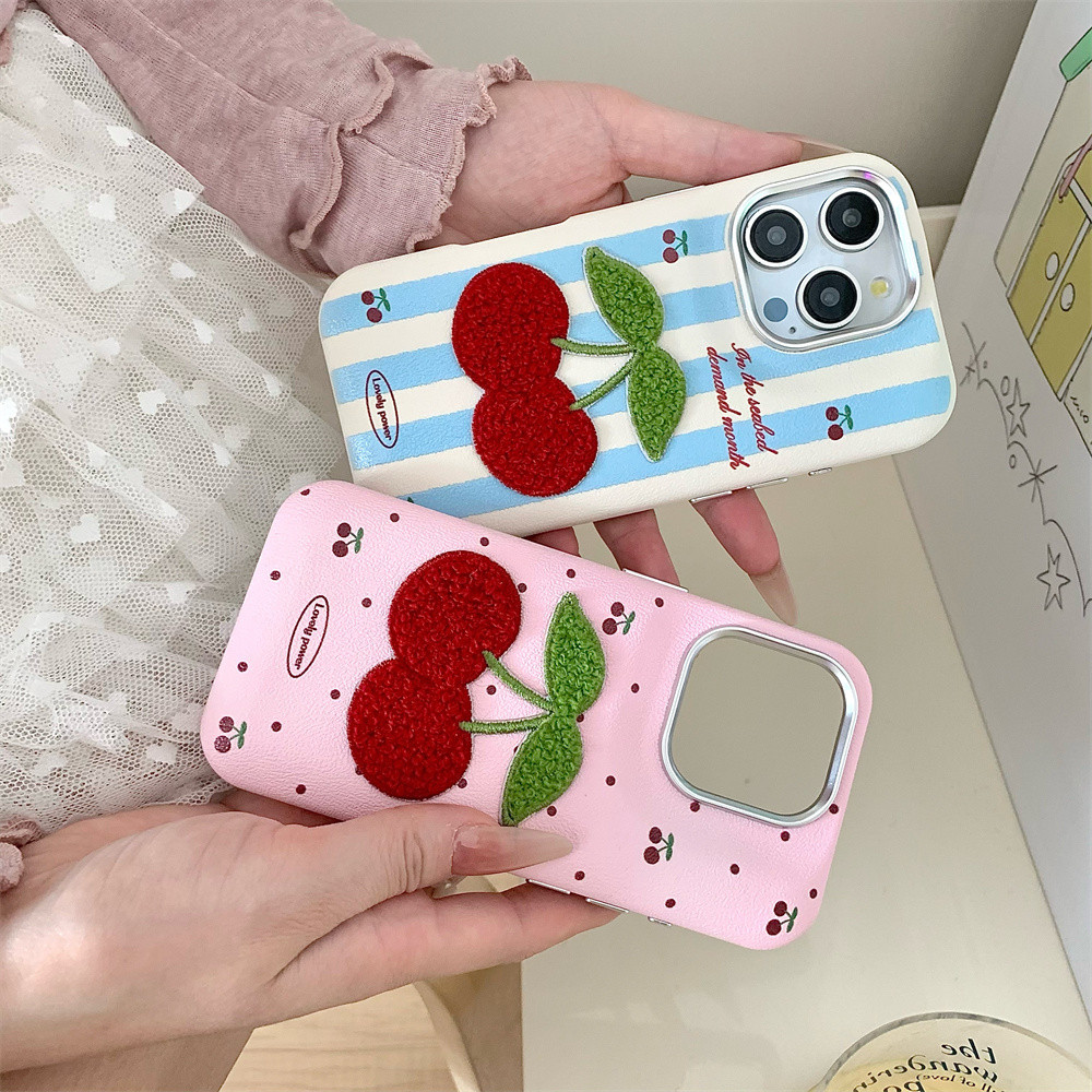 เย็บปักถักร้อยน่ารักเชอร์รี่หนังเคสโทรศัพท์สําหรับ iPhone 15ProMax 15Pro 16 15 14 13 Pro Max ครอบคลุมเต็มรูปแบบกันกระแทกป้องกัน