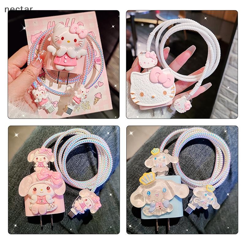 Tar Sanrio Hello Kitty Charger Data Cable Protector Case Winder Kit สําหรับ Apple 18W 20W อะแดปเตอร์ชาร์จฝาครอบป้องกันสําหรับ IPhone 15 N