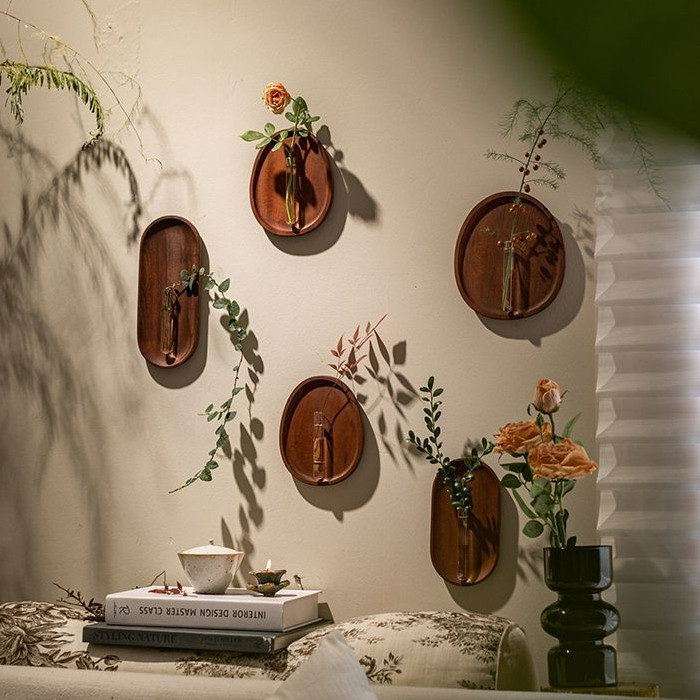 สไตล์จีนไม้เนื้อแข็งแขวนผนังแจกันดอกไม้แก้วสร้างสรรค์ติดผนัง ไฮโดรโปนิกส์ แจกันขนาดเล็กตกแต่งผนัง - รูปที่ 7