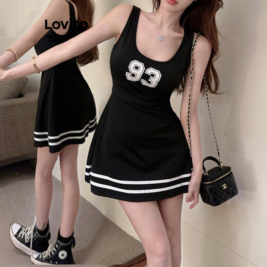Lovito ชุดเดรสผู้หญิง พิมพ์ลายตัวเลข สไตล์ลำลอง LNA66147