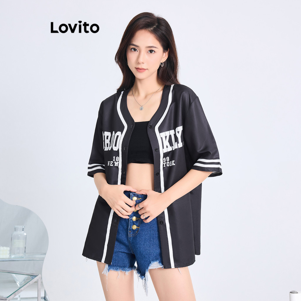 Lovito เสื้อเบลาส์ปุ่ม บล็อกสี ลายธรรมดาสำหรับผู้หญิง L99ED090