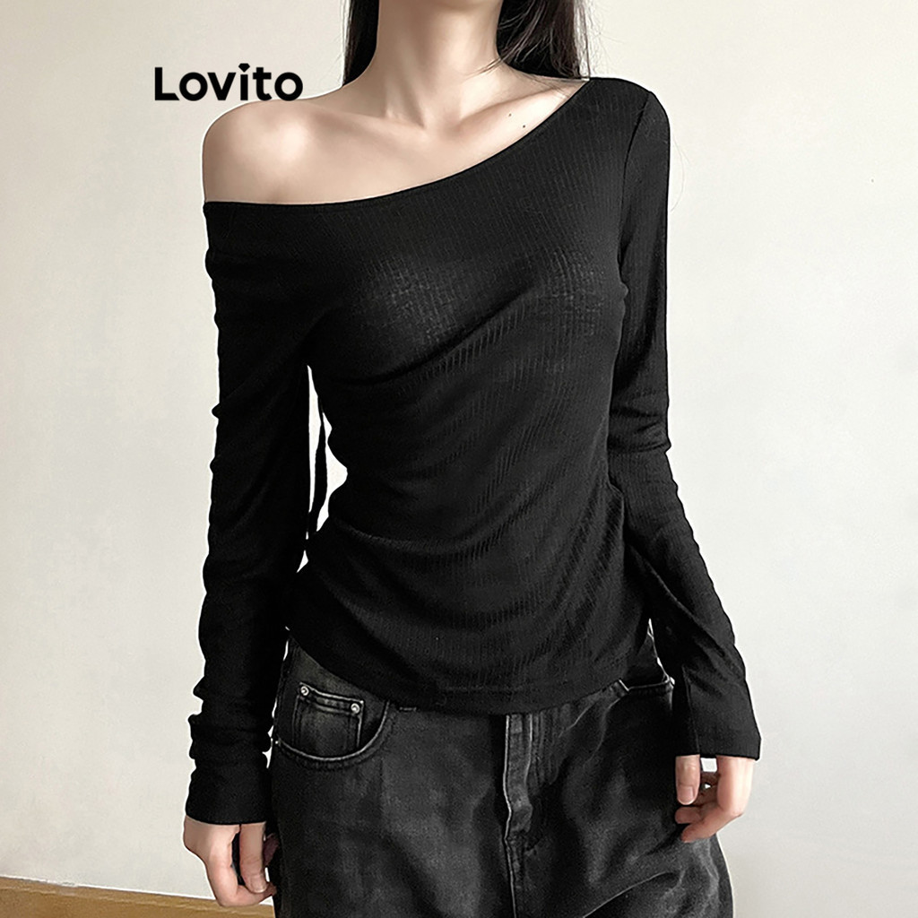 Lovito เสื้อยืดผู้หญิง เปิดหลัง สีพื้น สไตล์หรูหรา LNL188