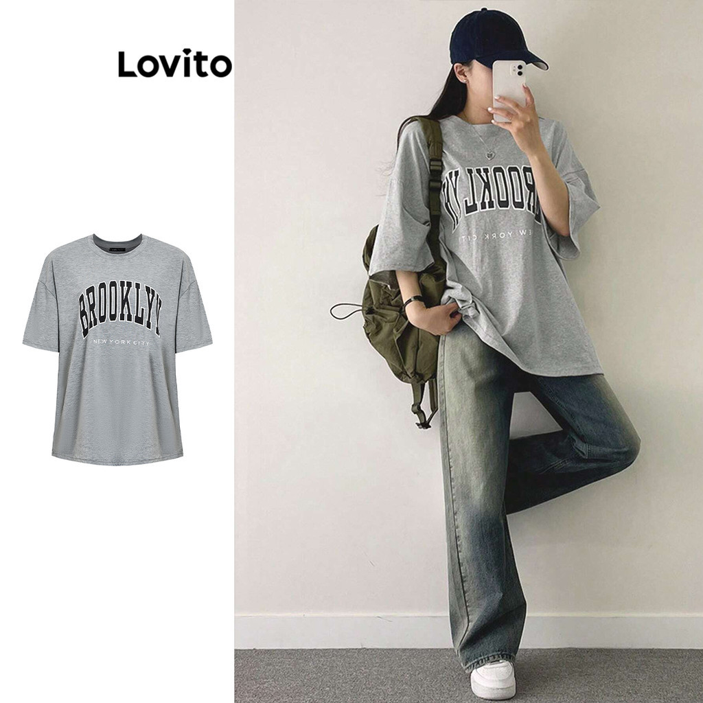 Lovito เสื้อยืดลำลองตัวอักษรพื้นฐานสำหรับผู้หญิง L101AD080