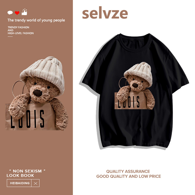 SELVZE（จัดส่งตลอด 24 ชั่วโมง） Printed T-shirt，เสื้อยืดแขนสั้นผ้าฝ้ายลายหมีการ์ตูนน่ารัก I000976