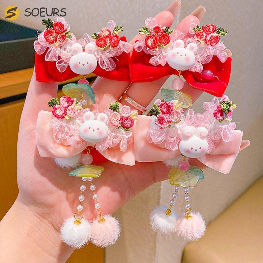 Soeurs กิ๊บติดผมขอบตุ๊กตา,สีแดงน่ารักเด็กปีใหม่กิ๊บติดผม,เครื่องประดับผมBowknot Hanfu Headwearพู่สไตล์จีน Barrettesฤดูหนาว