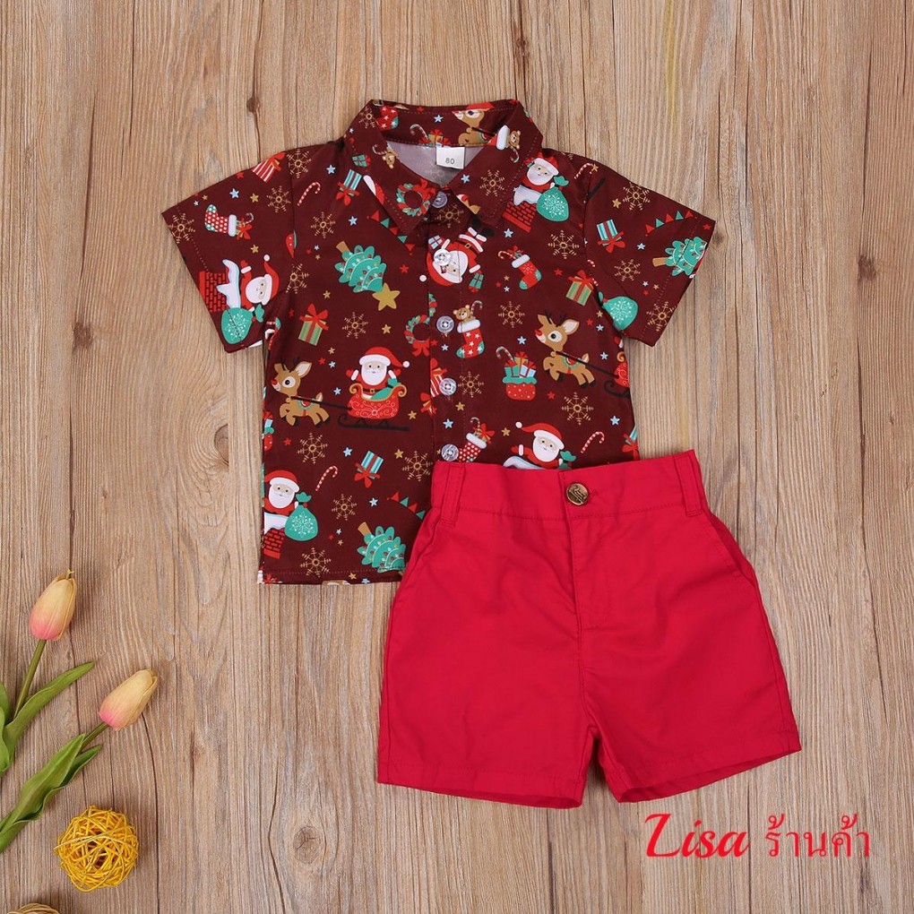 ชุดสูทเด็กสองชิ้นลายคริสต์มาสสำหรับฤดูร้อน เสื้อโปโลคอกลมแขนสั้น + กางเกงขาสั้นสีพื้น