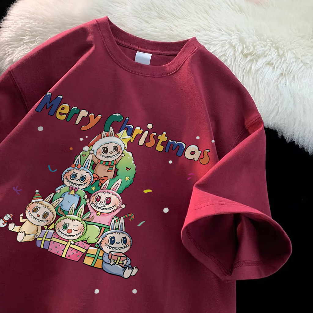 เสื้อ merry christmas Pofloret เสื้อยืดแดง oversize ผ้าฝ้าย100% เสื้อยืดพิมพ์ลายการ์ตูน #I001047