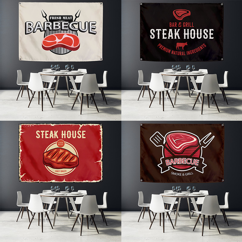 ผ้าแขวนโฆษณาสำหรับแผงลอยสเต็กแซนด์วิช Agirl ผ้าโฆษณาสำหรับตลาดกลางคืน ป้ายแบนเนอร์ ผ้าพื้นหลัง ผ้าผนัง