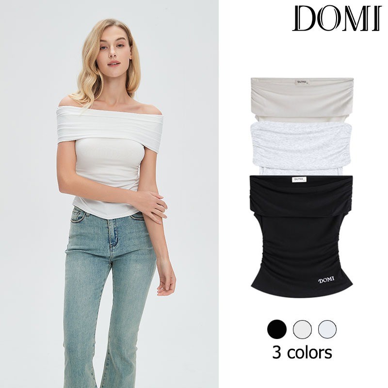 DOMI -  เสื้อปาดไหล่ ทรงจีบจีบข้าง มีหลายสี