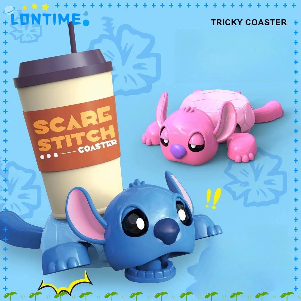 Lontime เต่า Coaster,สีฟ้าสีชมพู Stitch ถ้วยฐานผู้ถือ, Panicked ABS ความเครียดบรรเทาพิมพ์การ์ตูน Coaster ของเล่นแก้วฐานตกแต่ง