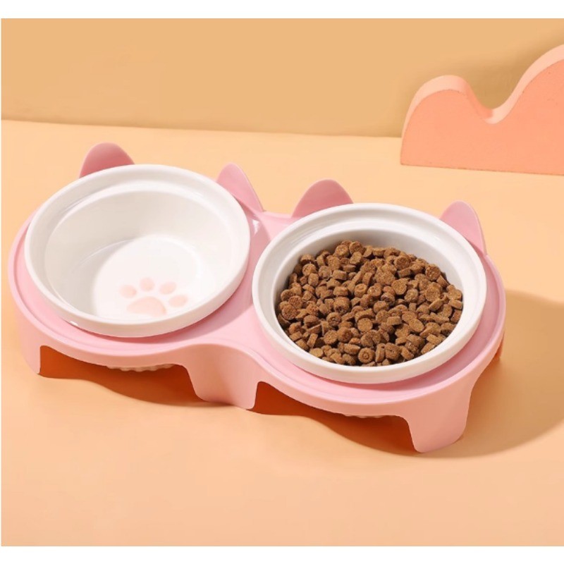 ชามแมวเซรามิกชามคู่ชามน้ําป้องกันกระดูกสันหลังส่วนคอสูงฟุตเฉียงแมวชามอาหารชามดื่มชามสัตว์เลี้ยงอุปกรณ์สัตว์เลี้ยง - รูปที่ 2