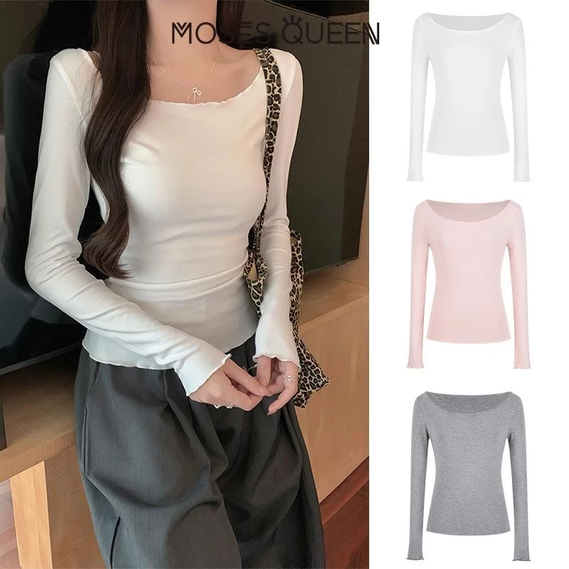 MOSESQUEEN เสื้อยืดแขนยาวเปิดไหล่สีเทาเพียวสําหรับผู้หญิงในต้นฤดูใบไม้ร่วงสาวฮอตไหล่เดียวขอบหูไม้เสื้อ จุดต่ําสุด ด้านบน #62818