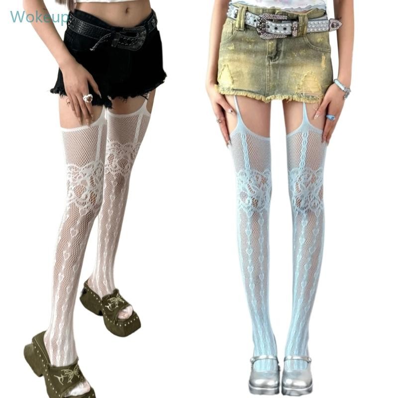 Woke ผู้หญิง Fishnet ถุงน่อง Pantyhose วัฒนธรรมย่อยลายหัวใจน่ารัก Suspender Tights