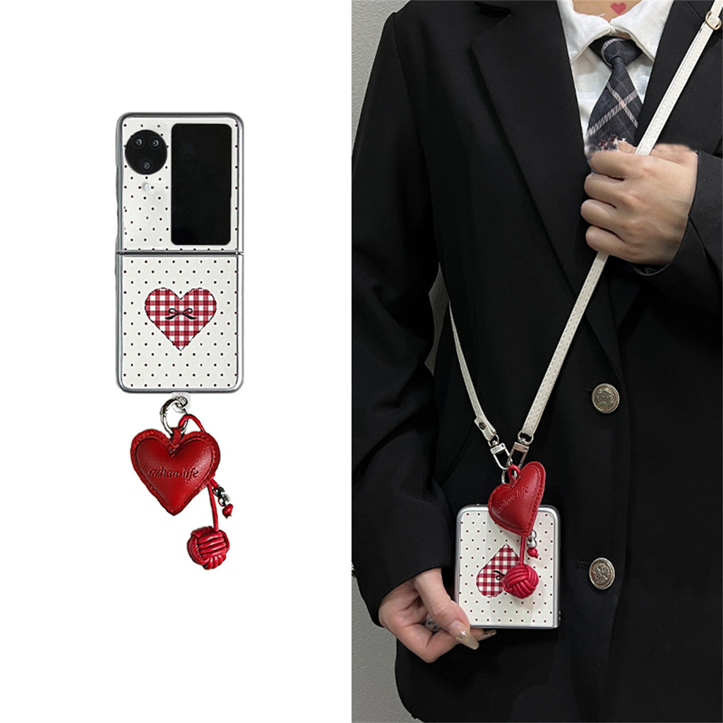 Ins Simple Wave Point Love Case หัวใจทอจี้ลูกบอลหนังสําหรับ OPPO Find N2 Flip ค้นหา N3 Flip Back Cover