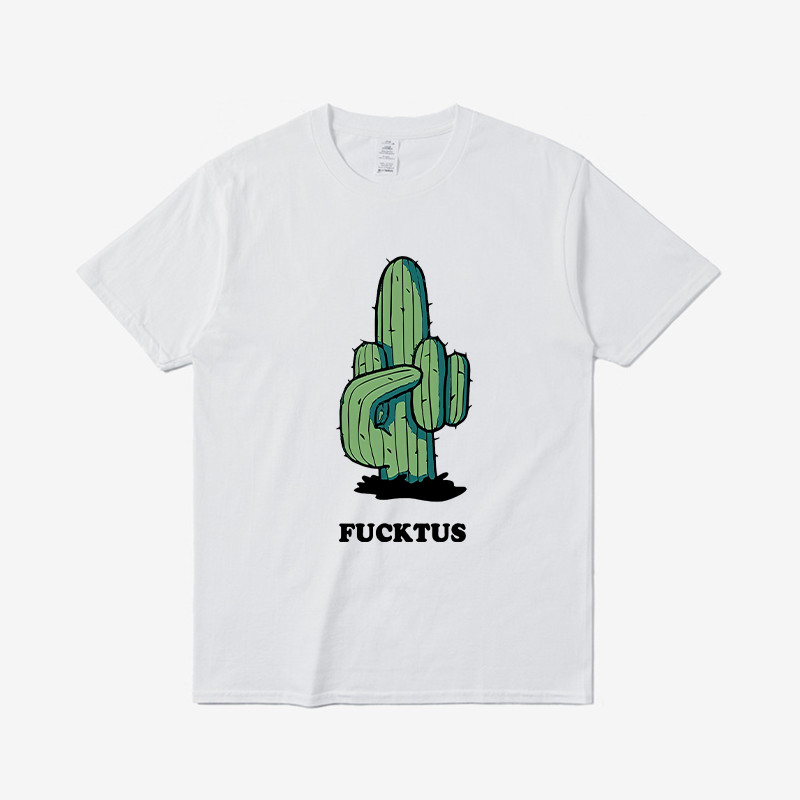 คลังสินค้าพร้อมผ้าฝ้าย 100% One Cactus Gesture พิมพ์รอบคอผ้าฝ้ายแขนสั้นเสื้อยืดหลวม All-Match ผู้ชาย