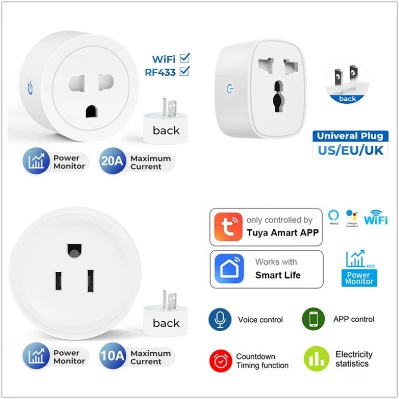 Tuya WiFi สมาร์ทซ็อกเก็ต 10A 16A 20A บ้านสมาร์ทซ็อกเก็ต WiFi รีโมทคอนโทรล Google Home และ Alexa ควบคุมเสียง