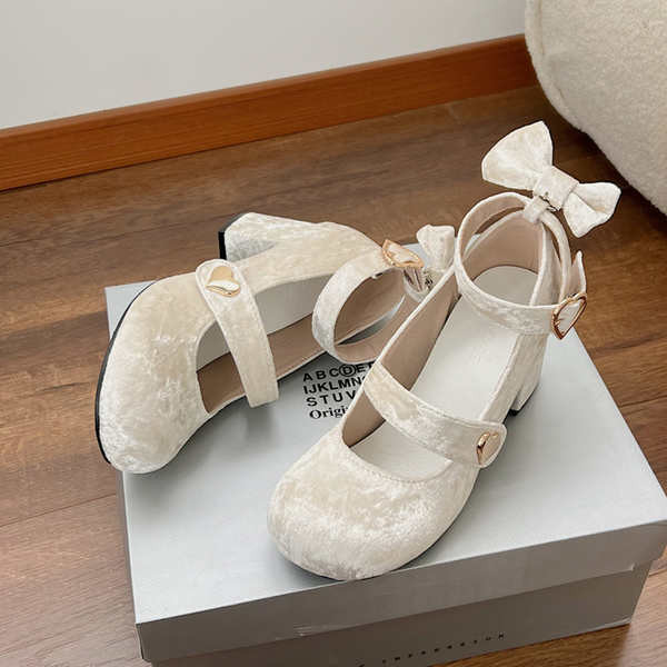 รองเท้าแมรี่เจน แมรี่เจน Chanel สไตล์ Suede Mary Jane รองเท้าโบว์เจ้าหญิงน่ารัก lolita รองเท้าส้นหนา