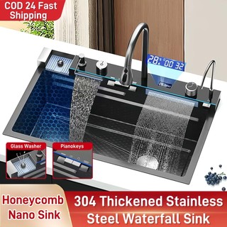 Modern Smart Kitchen Sink Faucet Lababo Stainlessl Steel Piano Sink Set Double Waterfall Sink Black