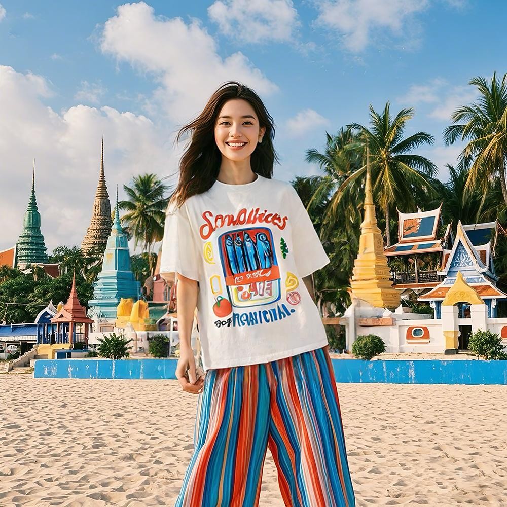 เสื้อยืด Oversize เสื้อ ยืดแขนสั้น สีขาว ลายปลาซาร์ดีน อาหารทะเล สไตล์เกาหลี คอตตอน 100%AB017