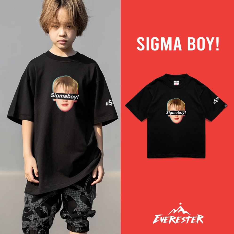 S-5XL EVERESTER เสื้อเด็ก 4-12 ปี Cotton 100% เสื้อคอฟิต Oversize เด็กผู้ชาย Sigma boy สีดำ Kexp