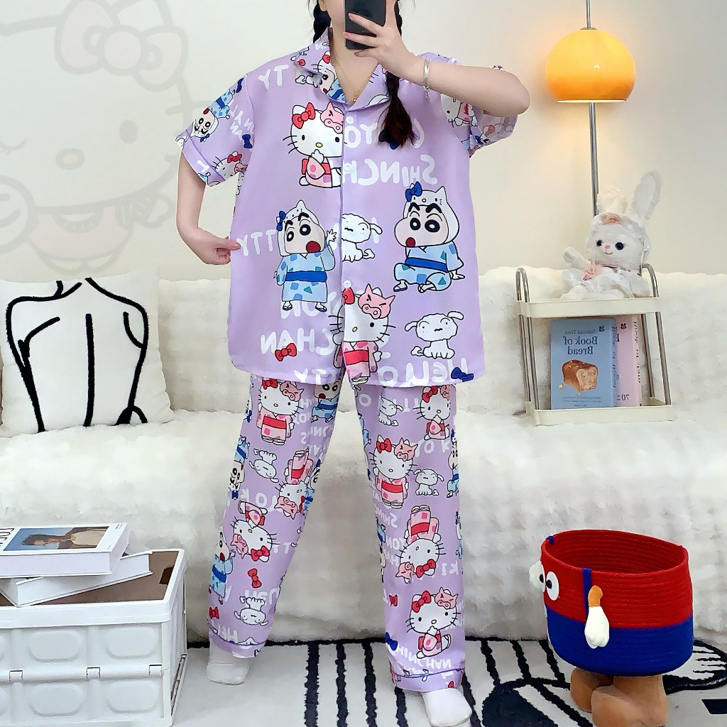 387 E ชุดนอนผู้หญิงผ้าไหมอิตาลีทิ้งตัว ชุดนอนโอเวอร์ไซส์ อก 46 แขนสั้น ขายาว ฟรีไซส์ ใส่สบาย (สินค้าพร้อมส่ง) - รูปที่ 6