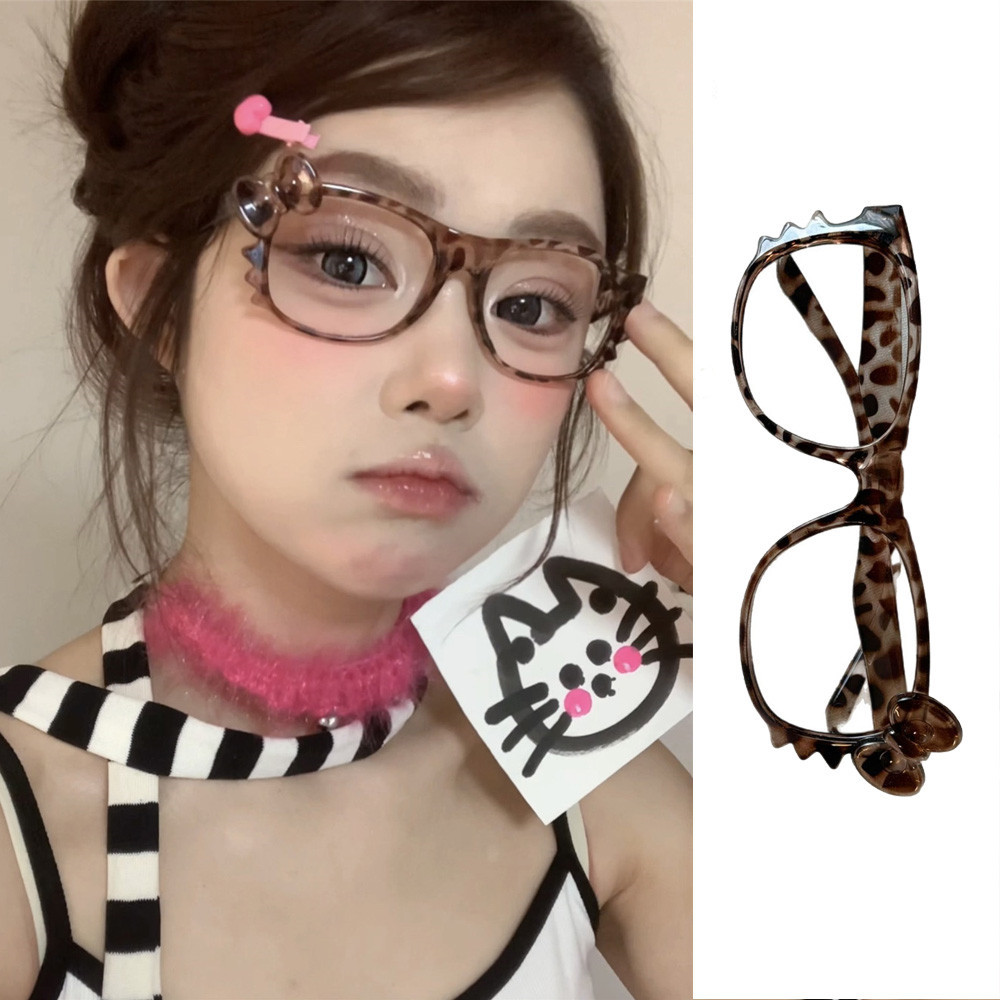 Retro Kitty เสือดาวพิมพ์กรอบแว่นตาน่ารัก Tortoiseshell สี Non-face Artifact Sweet Cool Y2k เลนส์ฟรีกรอบตกแต่ง