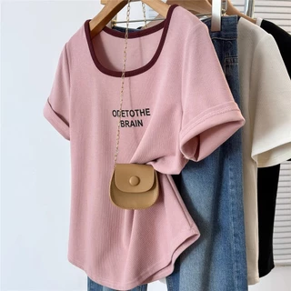 Oversize Tops(40-125kg) ผู้หญิง Plus ขนาดแขนสั้น U คอเสื้อยืดพิมพ์แฟชั่นหลวมเสื้อยืด