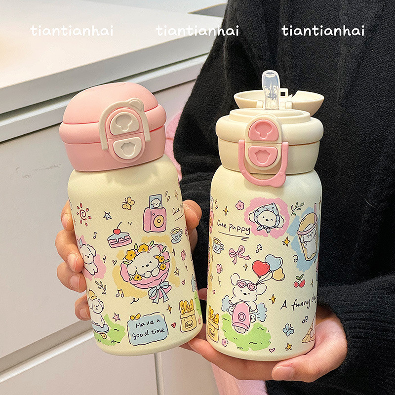 ขายร้อน ถ้วยเก็บความร้อน316แก้วสแตนเลส 500มล น่ารัก มีหลอด กระบอกน้ำ แก้วน้ํา Butter Bear