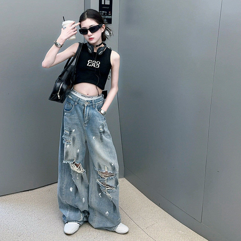 สาวแขนกุดสูทฤดูร้อนเด็กเสื้อกั๊กแขนกุด+หลวมตรงฉีกกางเกงยีนส์สูทสองชิ้น