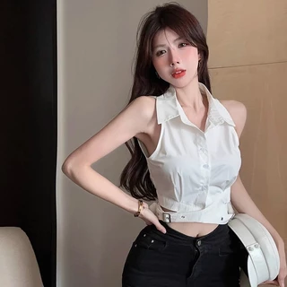(ส่งจากกรุงเทพฯ)เสื้อแขนกุดสำหรับผู้หญิง เสื้อเชิ้ตเอวเว้า มีกระดุม สีพื้น เซ็กซี่เบาๆ ทรงสวย สไตล์ลำลอง(สีขาว+สีดำ)
