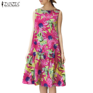 ZANZEA ชุดเดรสคอกลมแขนกุดพิมพ์ลายลําลองเกาหลีสําหรับผู้หญิง