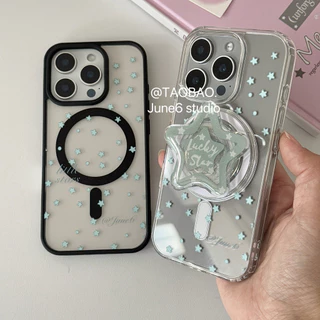 Huiwanju blue star สําหรับ iPhone16promax โทรศัพท์มือถือกรณี iP15promax niche 12 วงเล็บดูดแม่เหล็กน่ารัก 13 ไร้สายชาร์จ 14 โปร่งใส 11