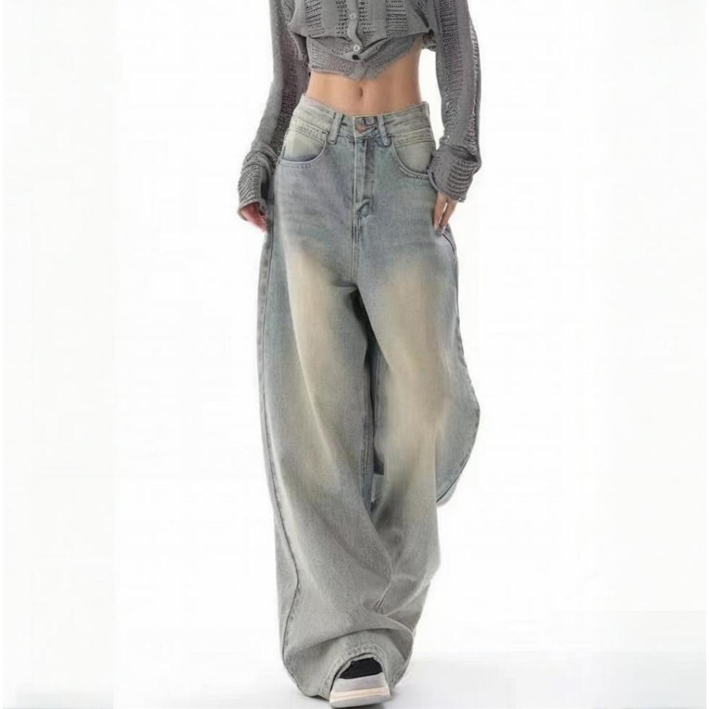 S-6XL 9 สี กางเกงขากว้างเอวสูงทรงหลวมผ้าทิ้งตัวสไตล์ฮ่องกงวินเทจ แบบขายาวลากพื้น กางเกง