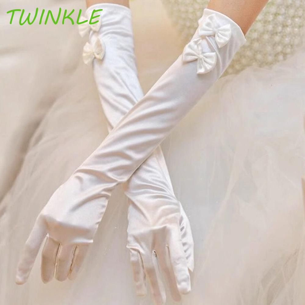 TWINKLE1 ซาตินถุงมือยาว,สีขาวหวานงานแต่งงานเจ้าสาวถุงมือ,Retro Vintage Lace Elastic Long Finger Mitt