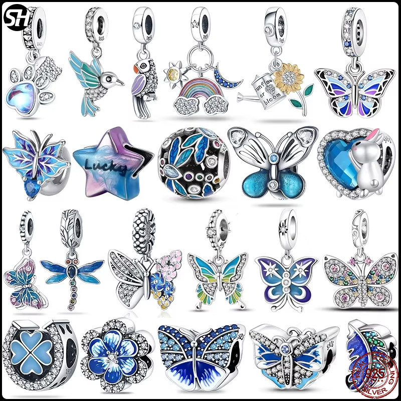 925 เงินสเตอร์ลิง Blue Series Dragonfly ผีเสื้อนก Pansy ดอกไม้จี้ Charm Fit 4 มม.เส้นผ่านศูนย์กลางรูสร้อยข้อมือเครื่องประดับของขวัญ