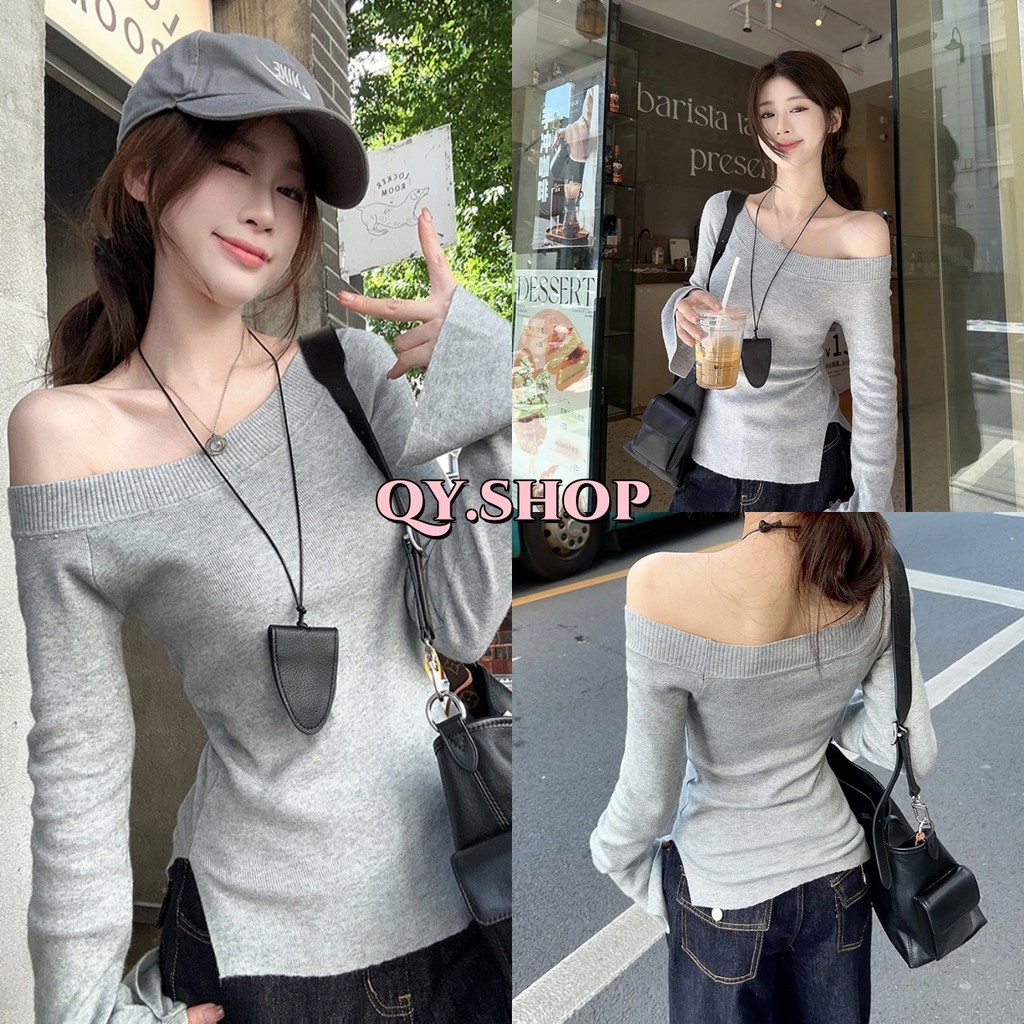 QY.Shop⭐️สินค้าราคาพิเศษ⭐️เสื้อยืดแขนยาวสีทึบแฟชั่นสตรีเซ็กซี่ปิดไหล่ (หลากสี)"Z-Y76"