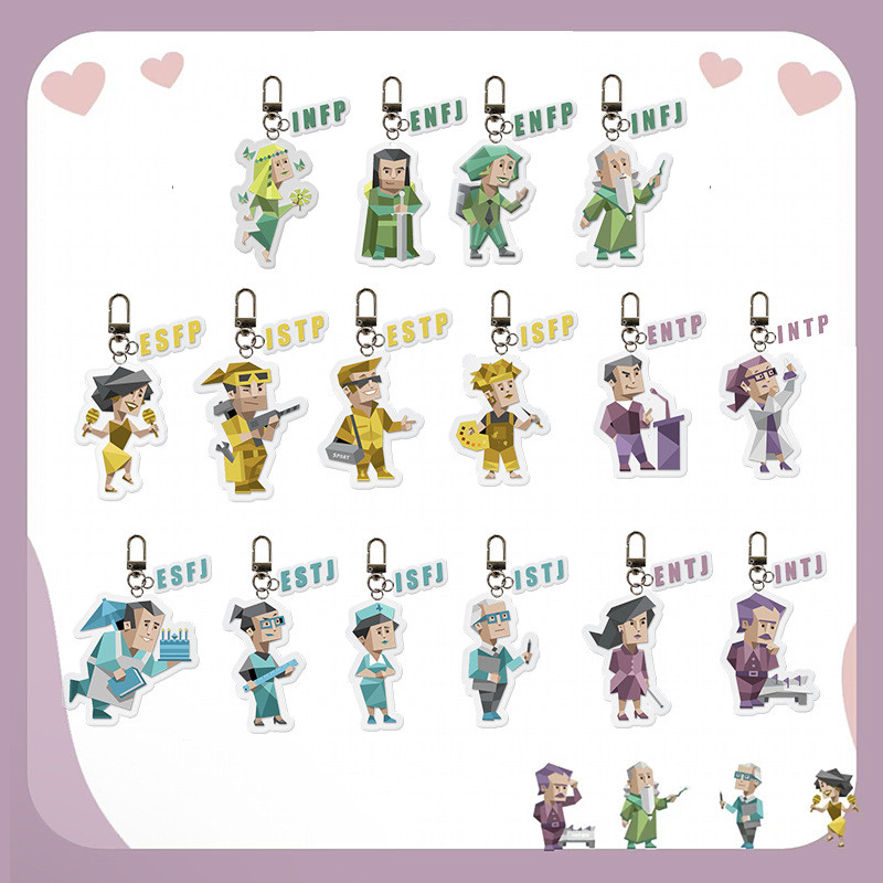 MBTI ประเภท 16 บุคลิกภาพพวงกุญแจอะคริลิคสองด้านจี้การ์ตูน I คน E คนกระเป๋านักเรียนจี้