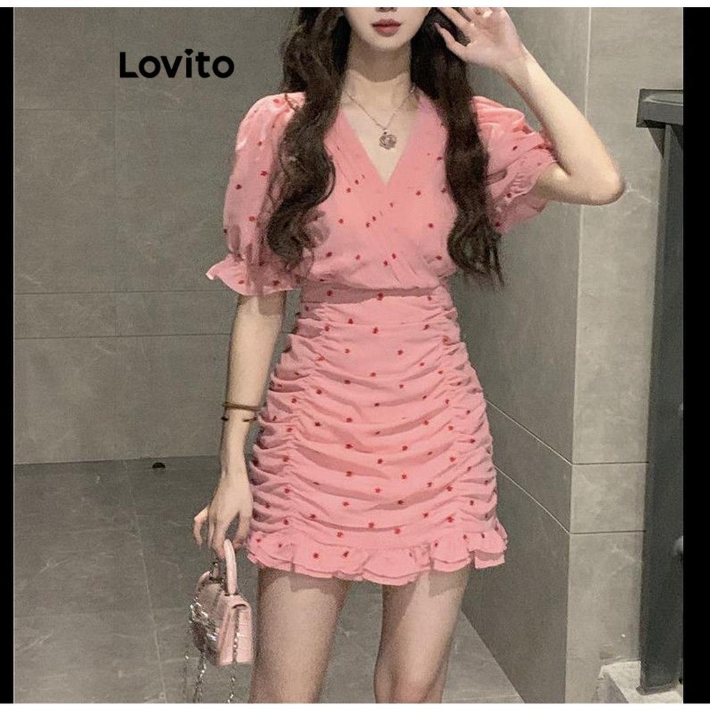 Lovito เดรสผู้หญิง ลายจุด ชายมีระบาย สไตล์ลำลอง LNA42097