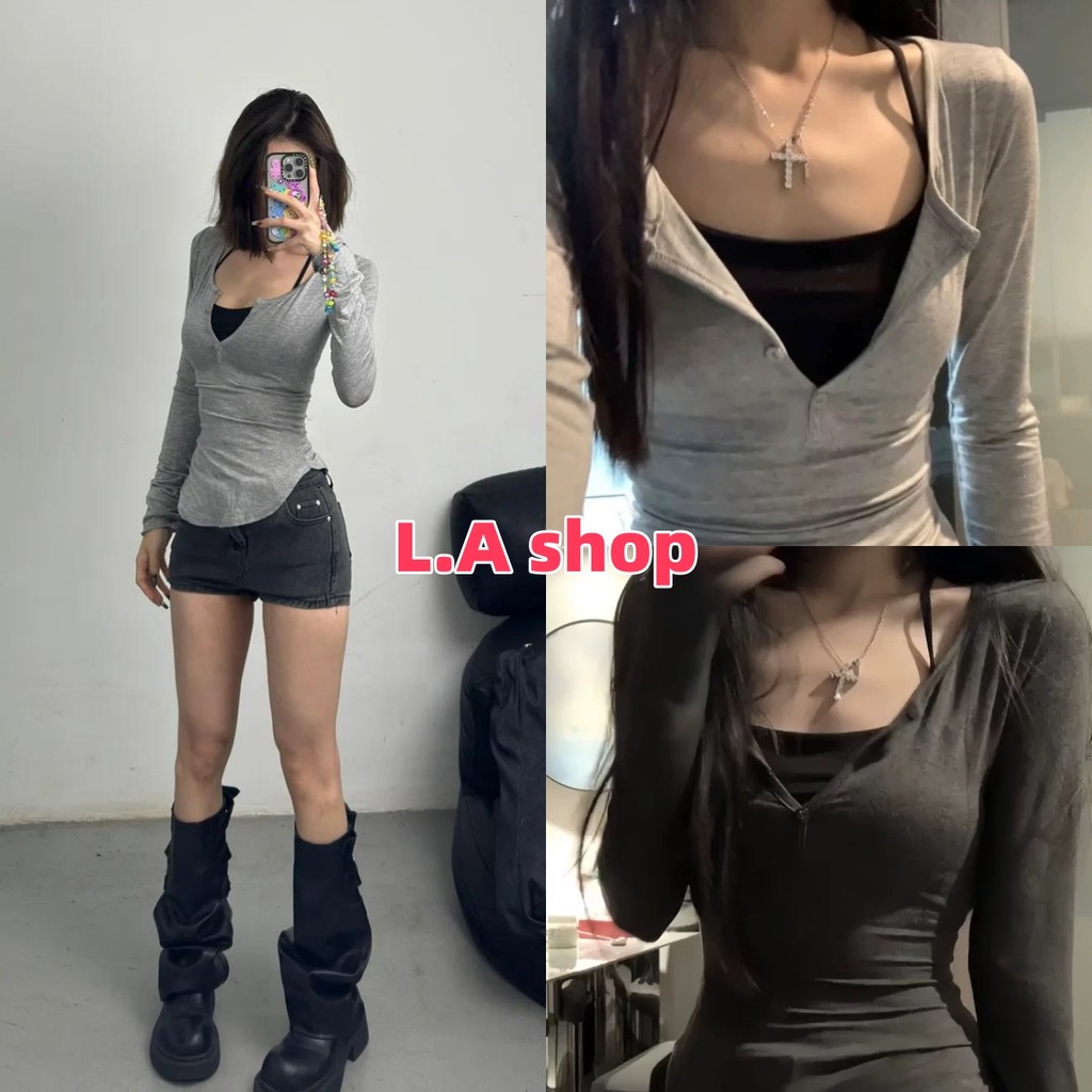 L.A Shop★พร้อมส่ง เซ็ทเสื้อแขนยาว+สายเดี่ยวครอปสั้น น่ารักๆ มีฟองน้ำในตัว สีพืเนใส่สบาย "FYA085"