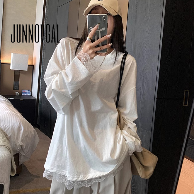 Junnovgal เสื้อยืดผู้หญิง 2024 สไตล์ฤดูหนาว คอกลม ทรงหลวม แขนยาว