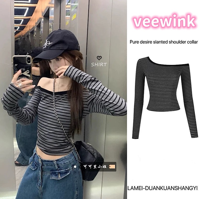 Veewink พร้อมส่งจากกทม เสื้อยืดแขนยาว เสื้อยืดลาย คอกลม แฟชั่นฤดูใบไม้ร่วง สไตล์เกาหลี สําหรับผู้หญิง