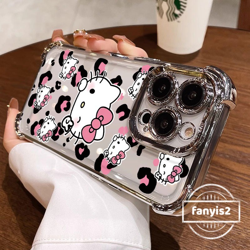 เข้ากันได้สําหรับifor IPhone 16 11 15 14 13 12 Pro Max Plus X XR Xs Max 7Plus 8Plus SE 2020 Casing Cartoon Kitty Catเคสโทรศัพท์ชุบโปร่งใสสี่มุมป้องกันการตกถุงลมนิรภัยฝาครอบ