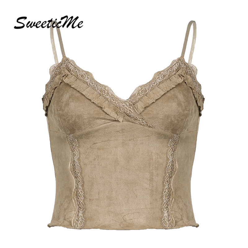 Sweeticme ผู้หญิง 2024 ใหม่แฟชั่น Retro Lace Slim Fit V คอสายคล้องคอเสื้อกล้าม Camisole