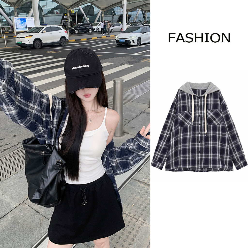 Dahong W506 ดลายหมากรุกสําหรับผู้ชายและผู้หญิงแขนยาว เสื้อคลุมแขนยาว เสื้อฮู้ด สไตล์เกาหลี