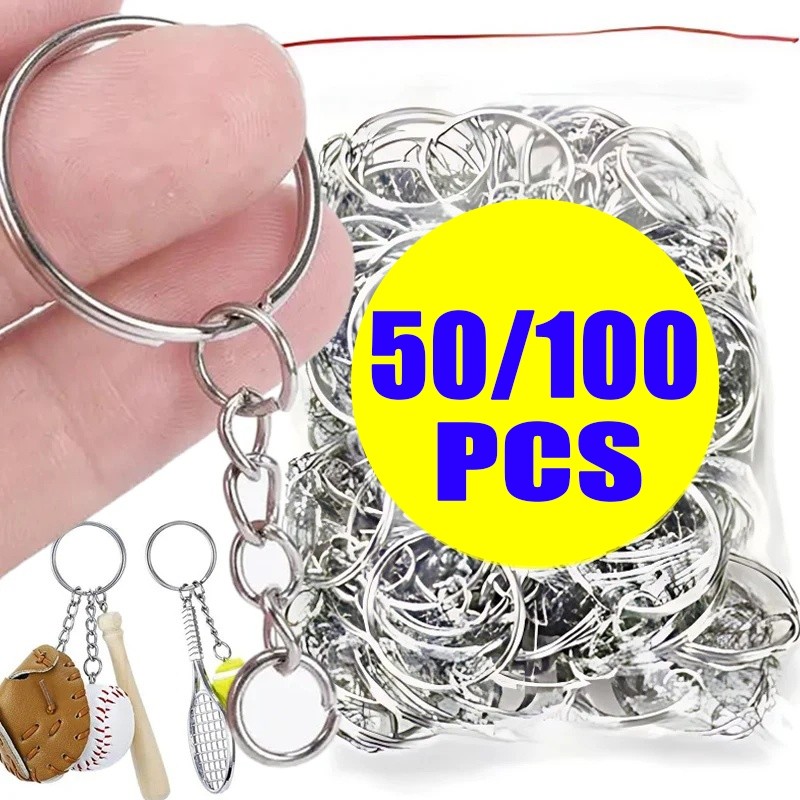 100ชิ้น25มิลลิเมตรแยกพวงกุญแจด้วยโซ่-พวงกุญแจโลหะที่เรียบง่าย-พวงกุญแจแหวนชิ้นส่