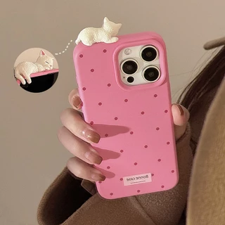 แมวคลาน 3D น่ารักเหมาะสําหรับเคสโทรศัพท์ IPhone 16 Apple 15promax/13/14/12 Minimalist Polka Dot Soft Shell