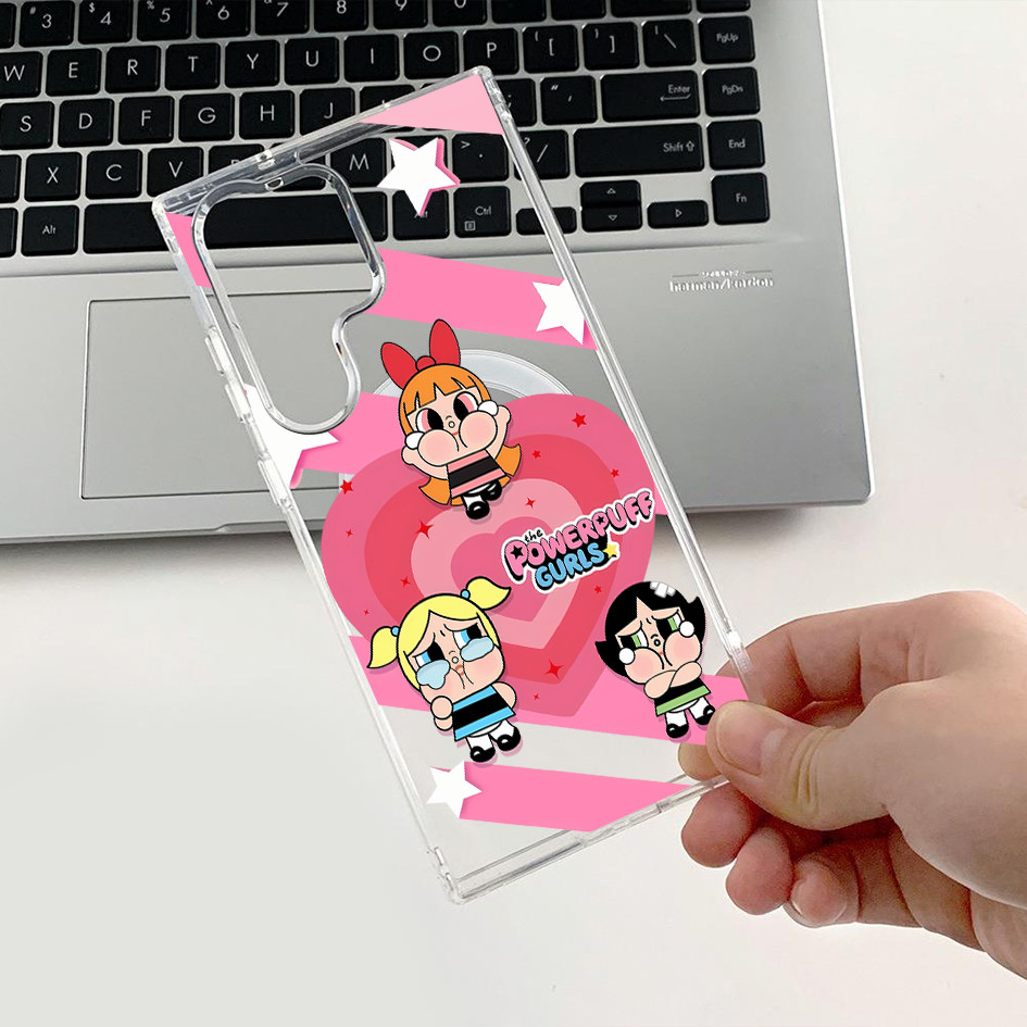 Samsung S25 Ultra S24Ultra Pop Mart Pink Love CryBaby Powerpuff Girls Magnetic Acrylic Clear Case สําหรับ Samsung S24 Plus S25+ S23U S22 Ultra S22+ S23FE กันกระแทก