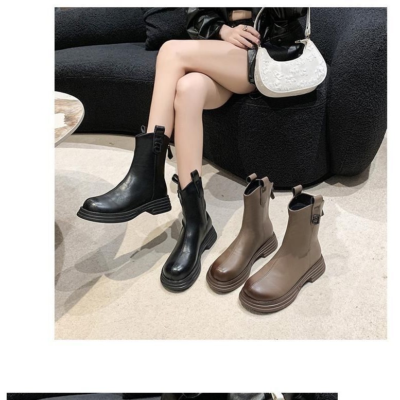 Mi Mid-Tube Boots รองเท้าหนังอารมณ์ย้อนยุคสวมใส่สบายสวมใส่ด้านนอก