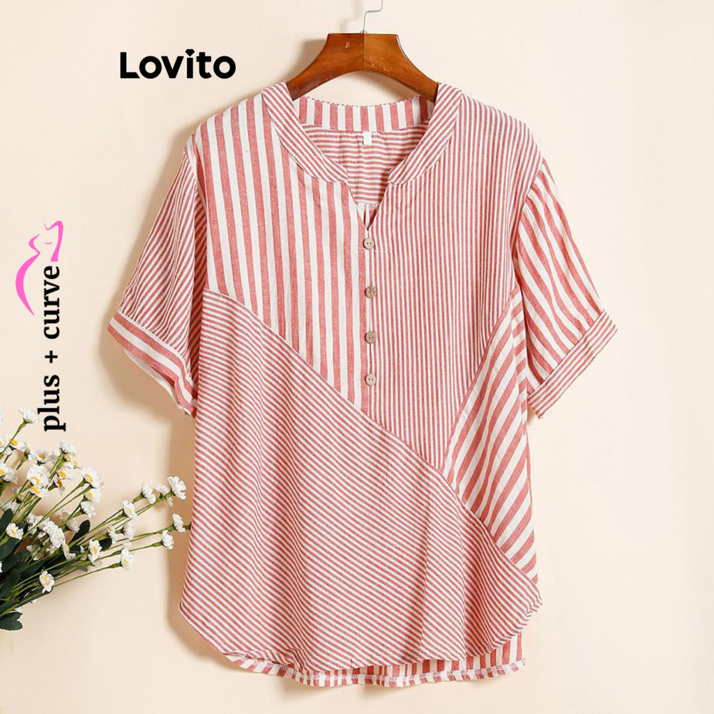 Lovito เสื้อลายทางสบาย ๆ ขนาดบวกสำหรับผู้หญิง LNL73126